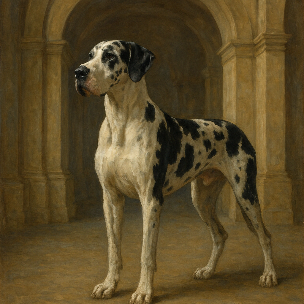 Regal Great Dane in Grand Architectural Hall Fine Art Oil Painting - View 1