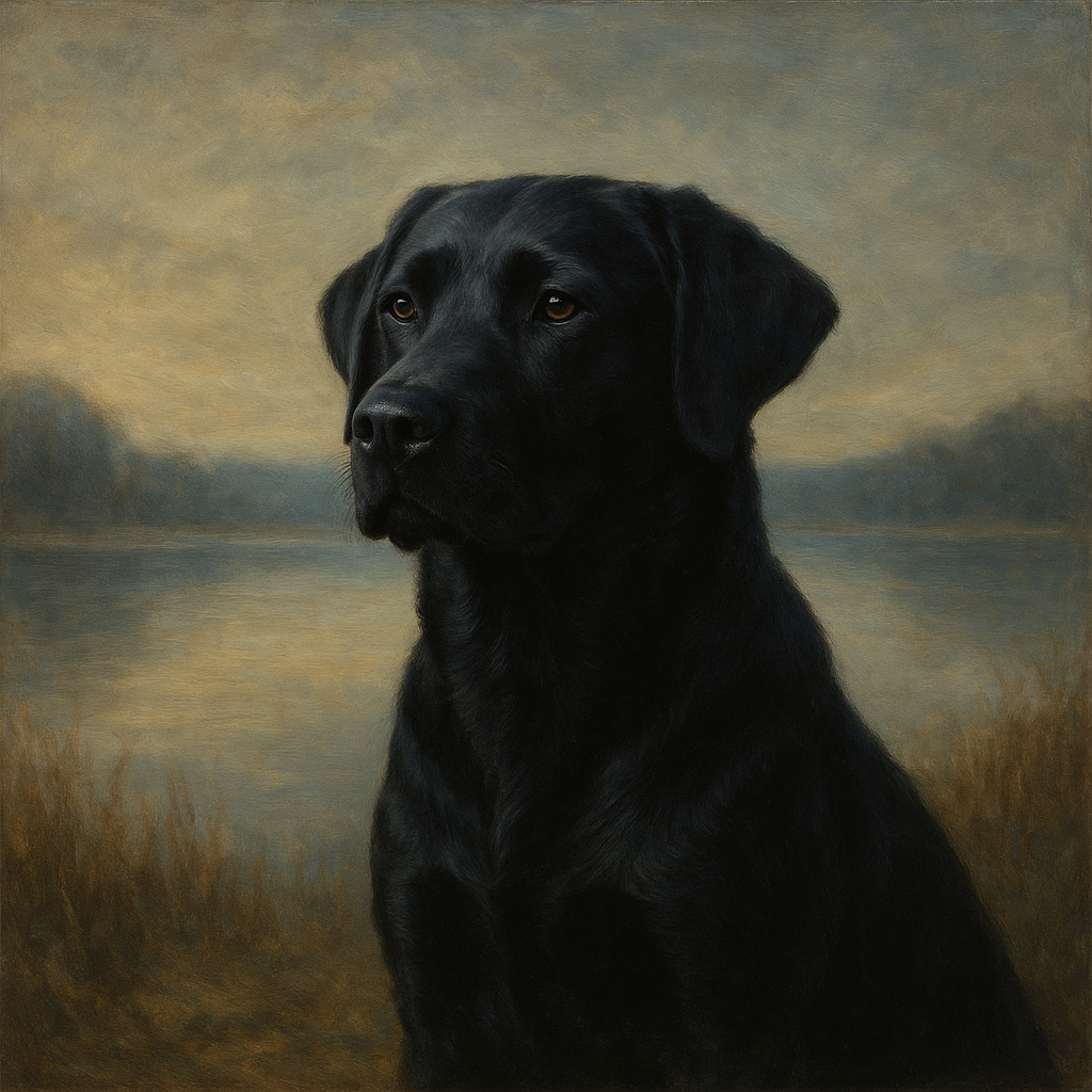 Black Labrador Retriever by Misty Lake Horizon No. 3 Fine Art Oil Painting - View 1