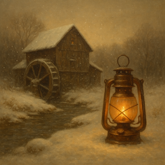 Snowy Mill Stream & Glowing Lantern No. 4 Oil Painting - View 1