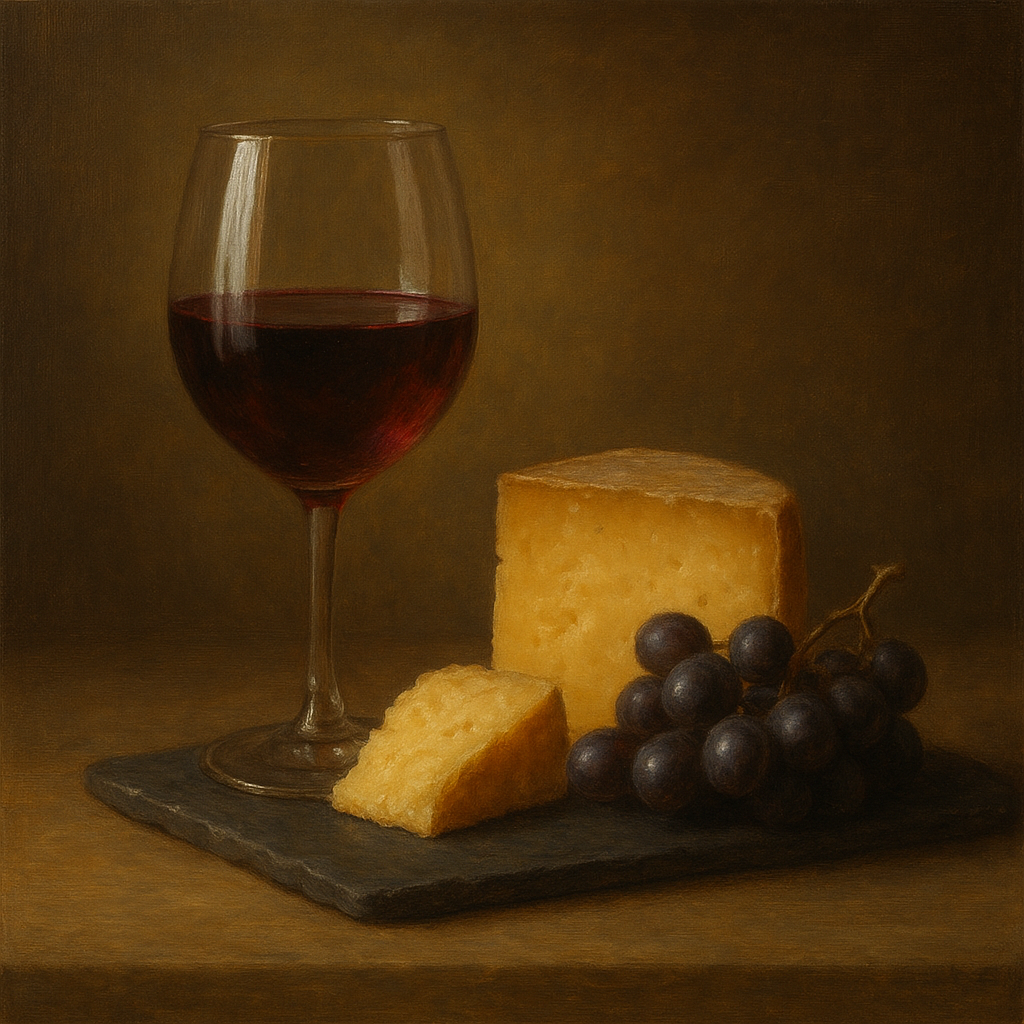 Burgundy Wine Glass & Aged Cheese Board No. 6 Oil Painting - View 1