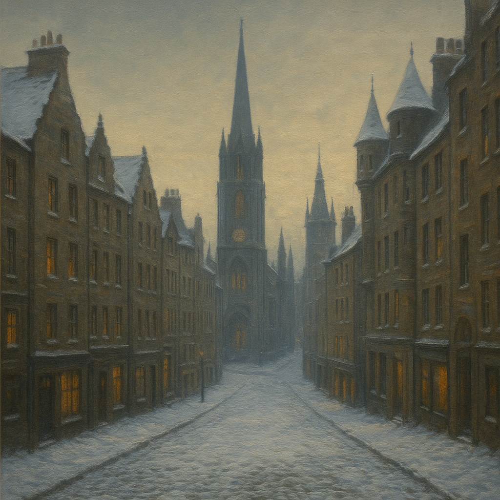 Edinburgh Old Town Royal Mile in Snow No. 4 Oil Painting - View 1