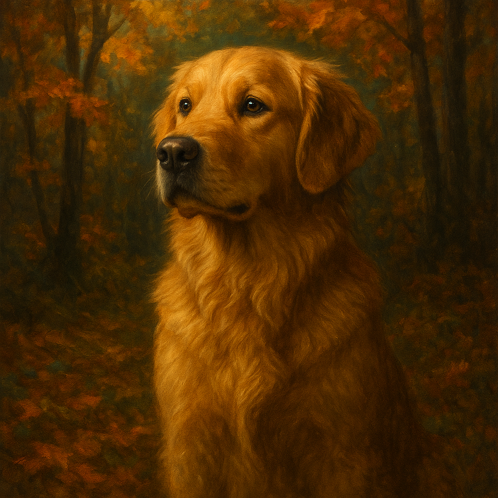 Noble Golden Retriever in Autumn Woods No. 15 Fine Art Oil Painting - View 1