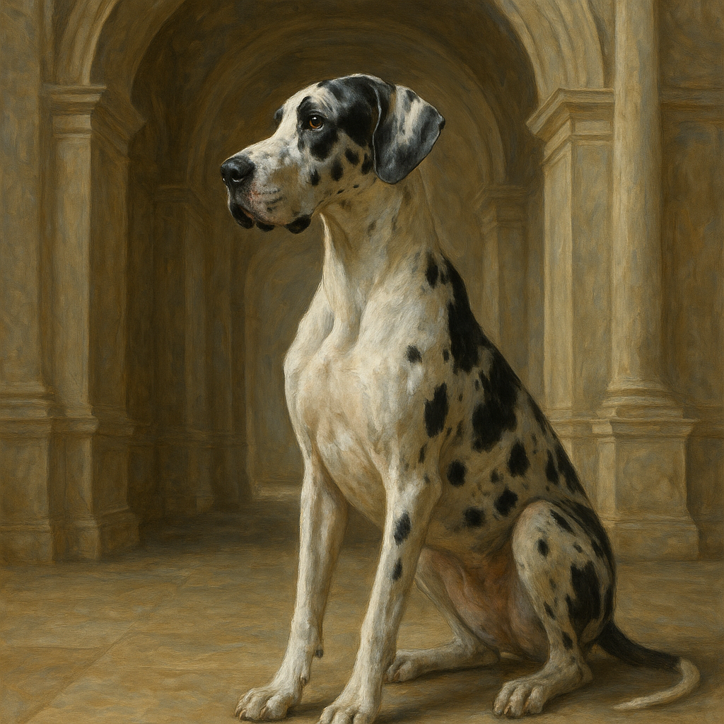 Regal Great Dane in Grand Architectural Hall No. 5 Fine Art Oil Painting - View 1