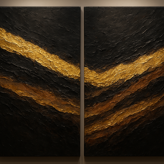 Basalt & Gold Mineral Diptych No. 2 Oil Painting - 100% Hand-Painted Master Oil Painting