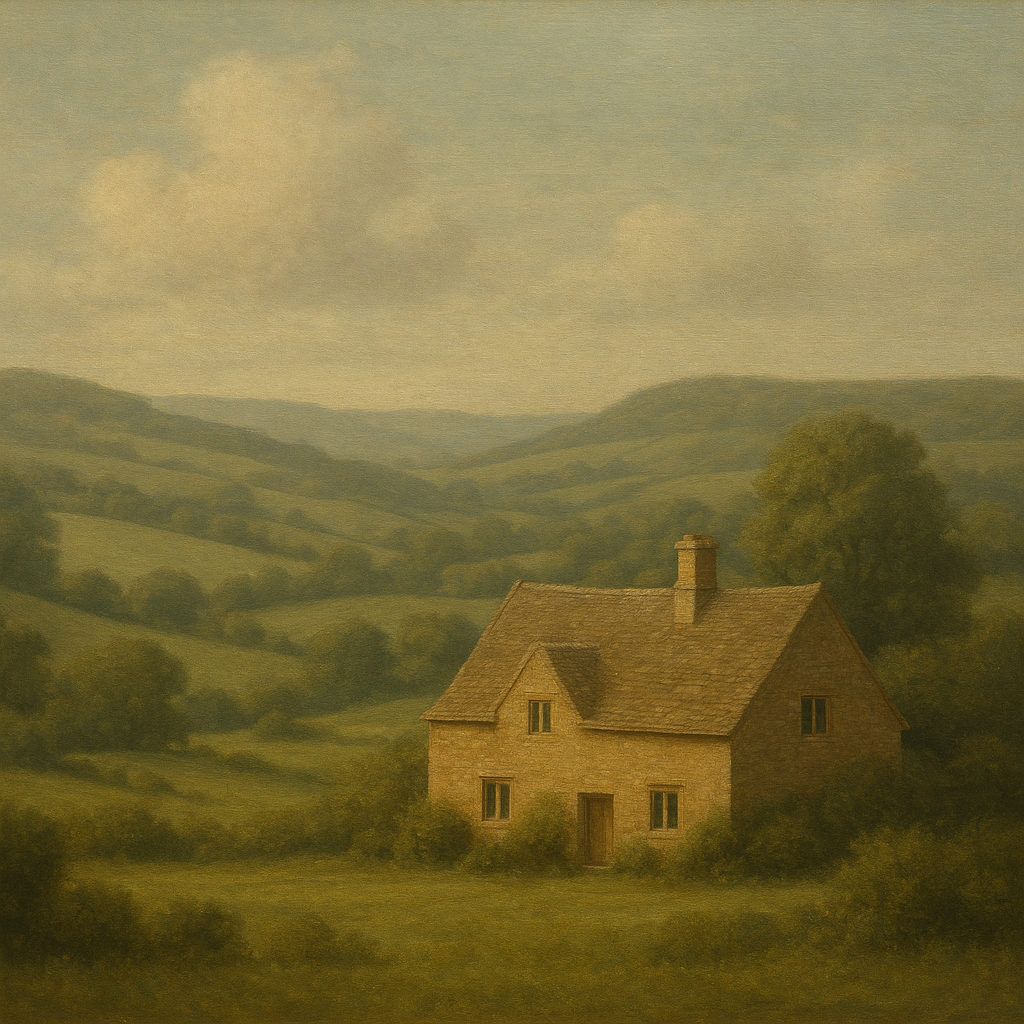 Rolling Cotswold Hills & Stone Cottage No. 2 Oil Painting - View 1