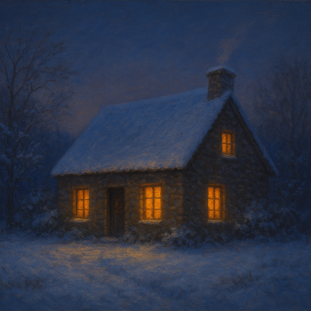 Snow-Dusted Stone Cottage at Twilight No. 4 Oil Painting - View 1