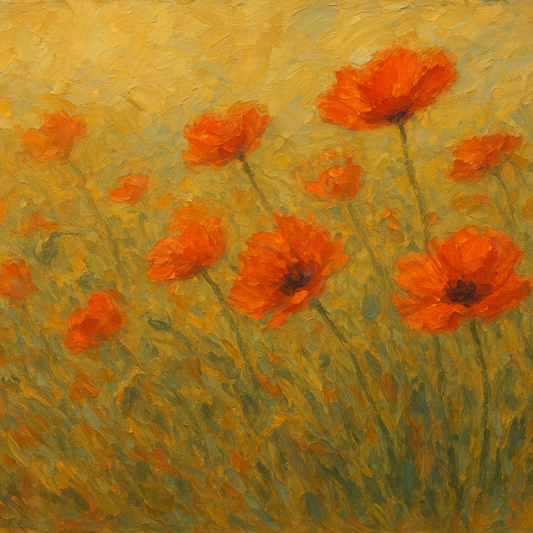 Meadow Poppies in Warm Ochre Oil Painting - View 1