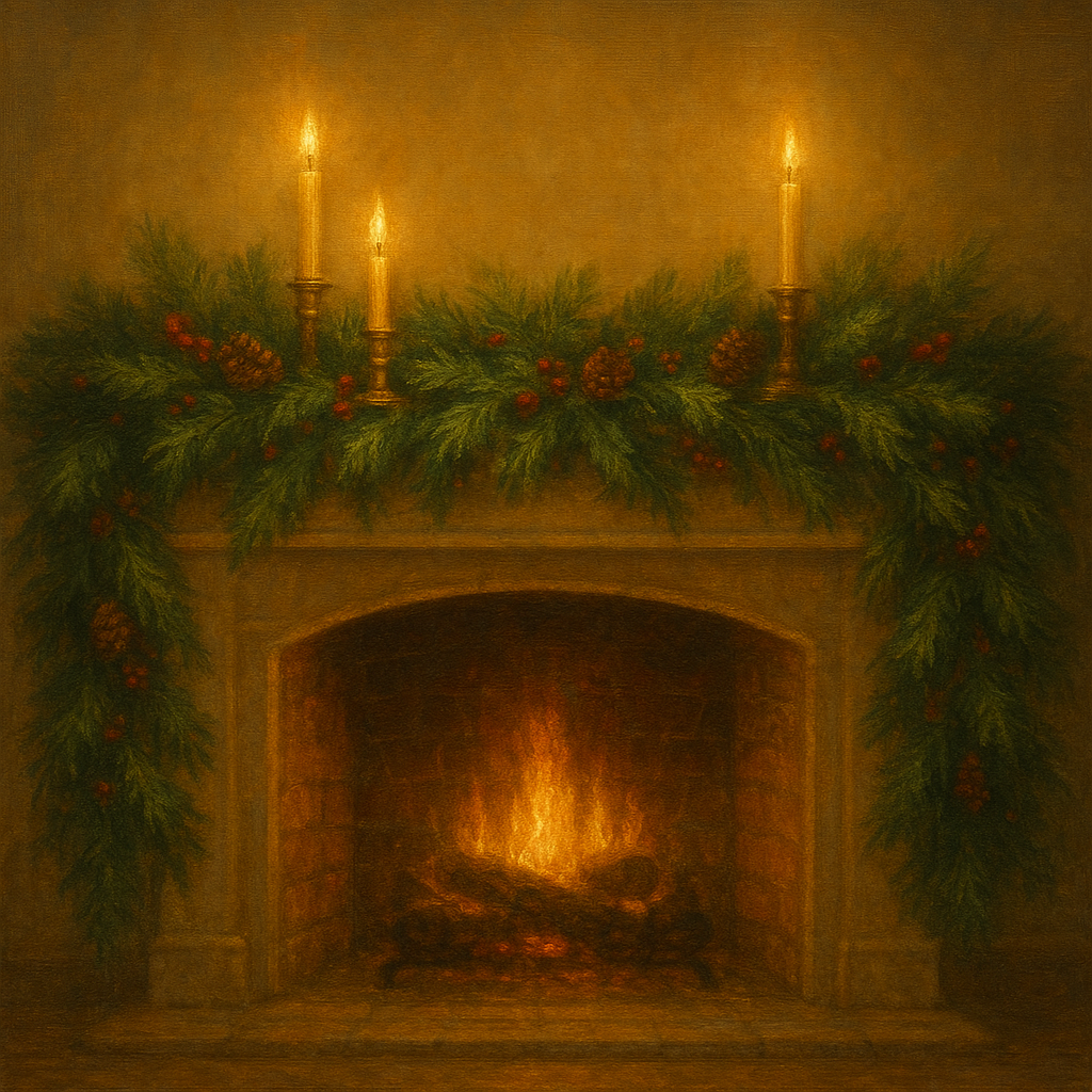 Vintage Fireside Hearth & Cedar Garlands Oil Painting - View 1