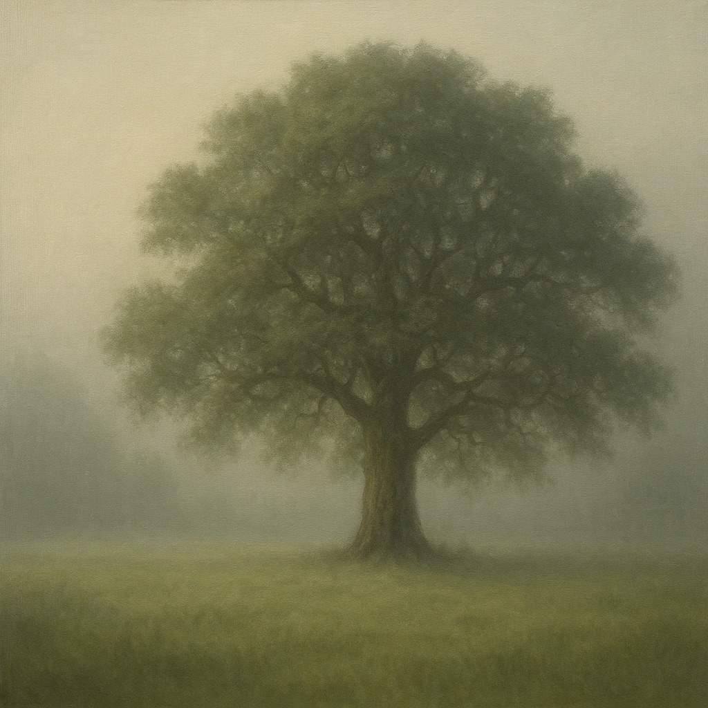 Ancient Solitary Oak in Morning Fog No. 8 Oil Painting - View 1