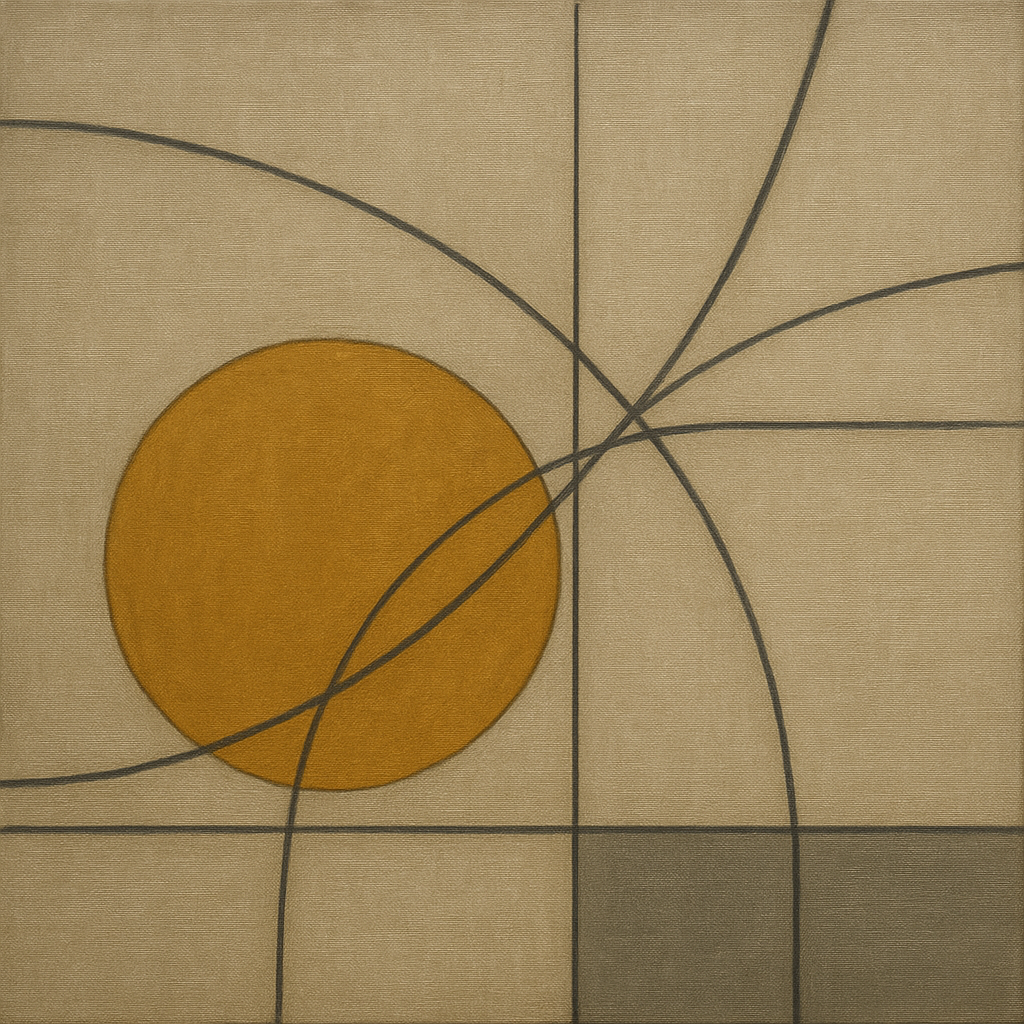 Abstract Tangent Lines & Earthy Ochre Disc No. 4 Oil Painting - View 1