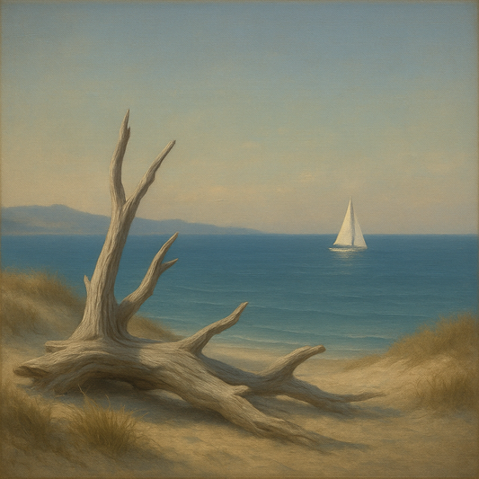 Sun-Bleached Driftwood & Distant Sailboat Oil Painting 100% Hand Painted Oil on Belgian Linen Canvas, Original Fine Art Wall Decor