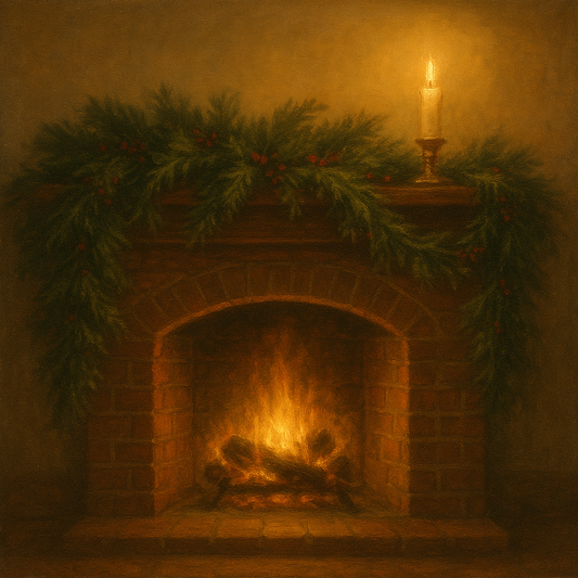 Vintage Fireside Hearth & Cedar Garlands No. 5 Oil Painting 100% Hand Painted Oil on Belgian Linen Canvas, Original Fine Art Wall Decor