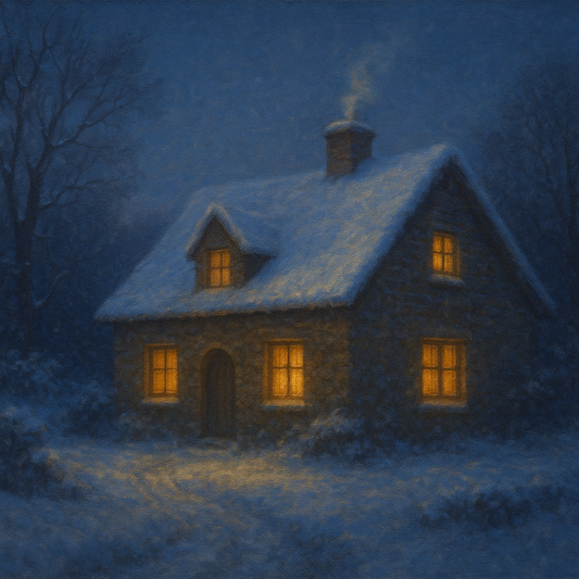 Snow-Dusted Stone Cottage at Twilight No. 9 Oil Painting 100% Hand Painted Oil on Belgian Linen Canvas, Original Fine Art Wall Decor
