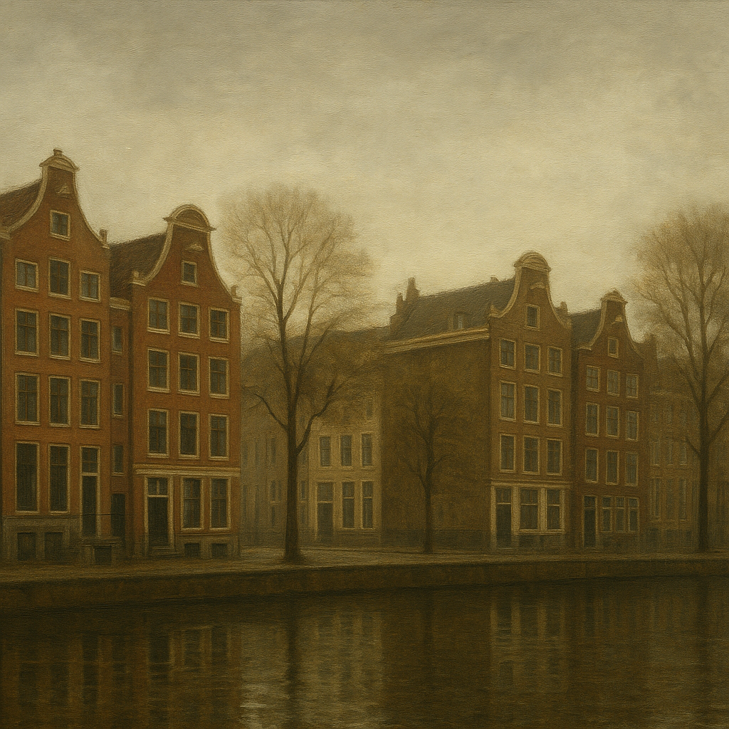 Amsterdam Canal Houses Under Overcast Sky No. 16 Oil Painting - View 1