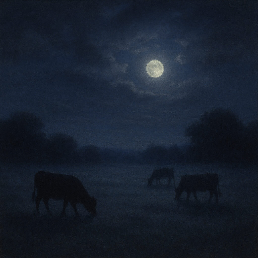 Moonlit Pastoral Meadow & Cattle Silhouettes No. 3 Oil Painting - View 1