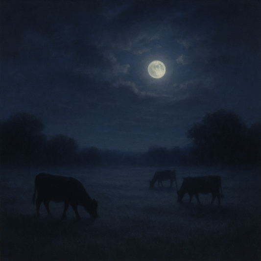 Moonlit Pastoral Meadow & Cattle Silhouettes No. 3 Oil Painting 100% Hand Painted Oil on Belgian Linen Canvas, Original Fine Art Wall Decor
