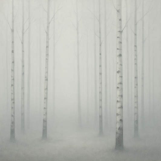 Pale Birch Woodland Silhouette in Whiteout No. 11 Oil Painting 100% Hand Painted Oil on Belgian Linen Canvas, Original Fine Art Wall Decor