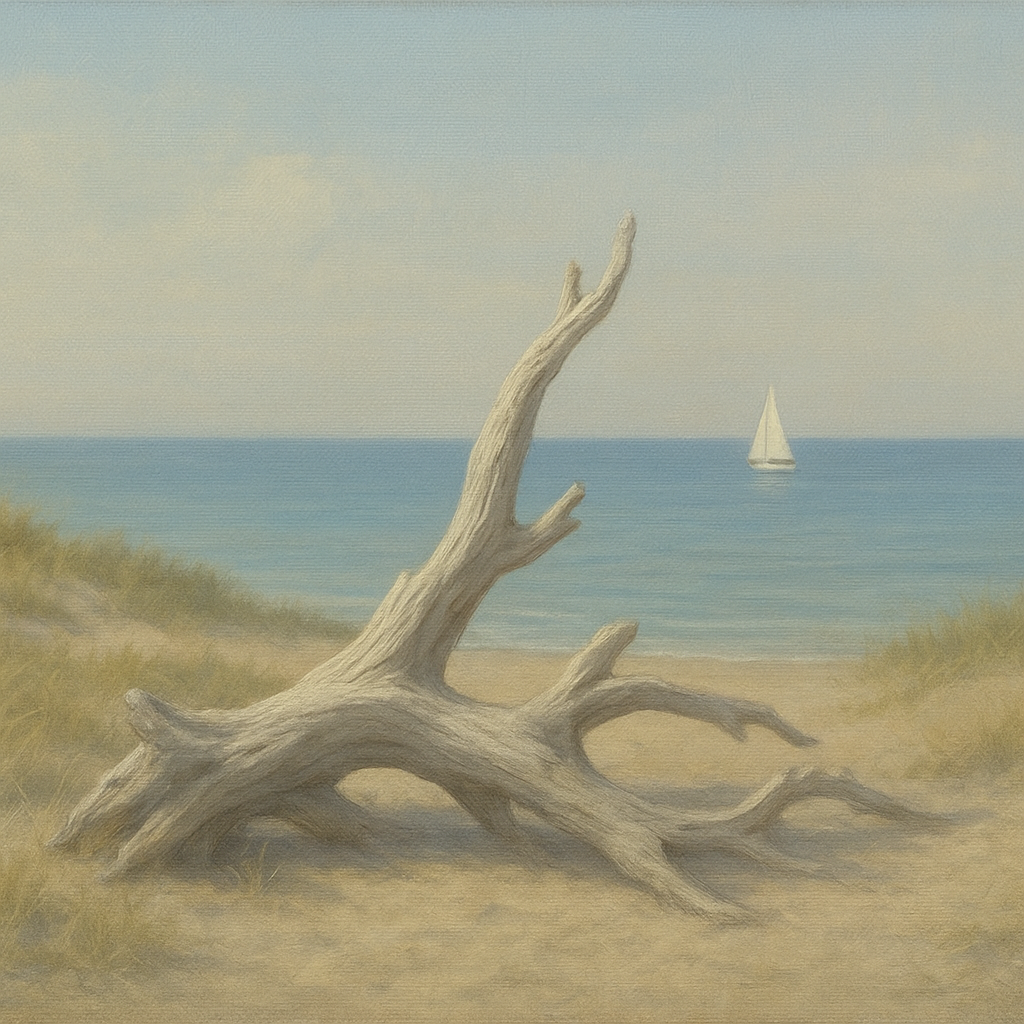 Sun-Bleached Driftwood & Distant Sailboat No. 19 Oil Painting - View 1
