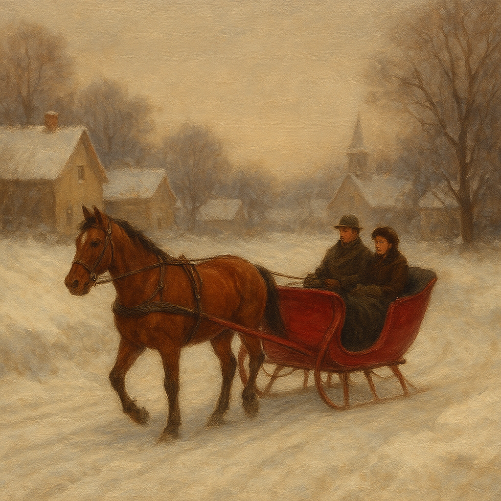 Horse-Drawn Sleigh on Village Snow Road No. 8 Oil Painting - View 1