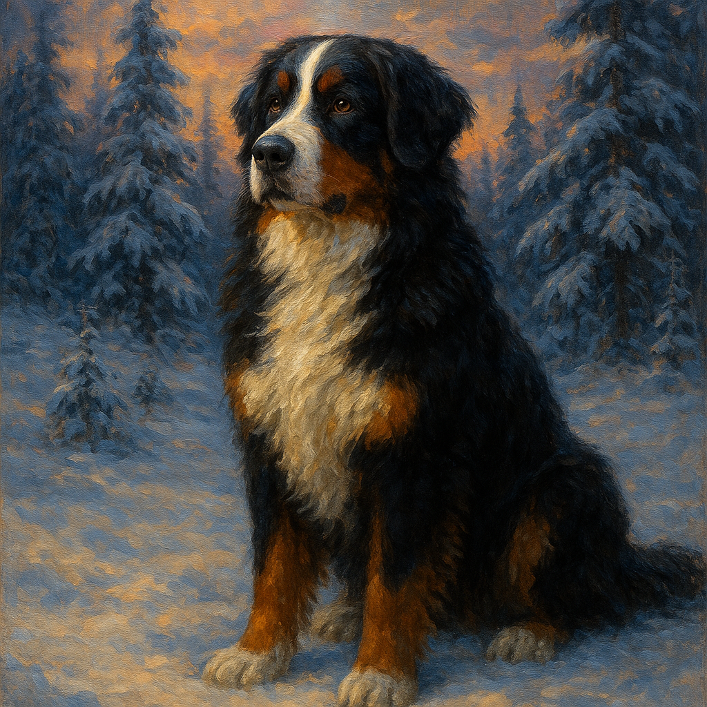 Bernese Mountain Dog in Winter Snowscape No. 11 Fine Art Oil Painting - View 1