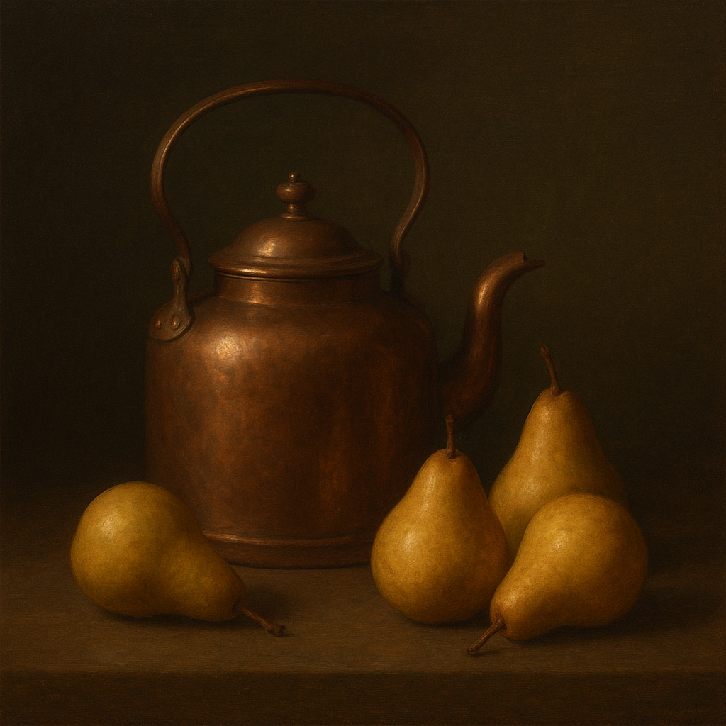 Antique Copper Kettle & Orchard Pears No. 7 Oil Painting - View 1