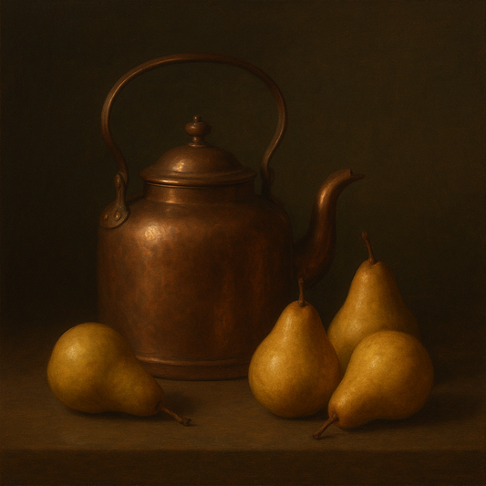 Antique Copper Kettle & Orchard Pears No. 7 Oil Painting 100% Hand Painted Oil on Belgian Linen Canvas, Original Fine Art Wall Decor