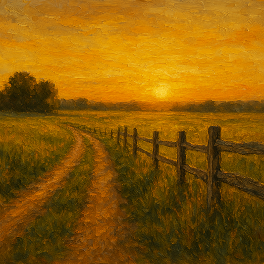 Golden Hour Country Lane & Fence Oil Painting - 100% Hand-Painted Master Oil Painting