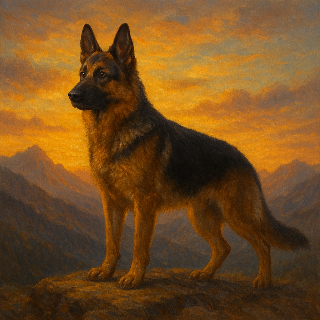 German Shepherd Standing in Alpine Sunset No. 14 Fine Art Oil Painting - View 1