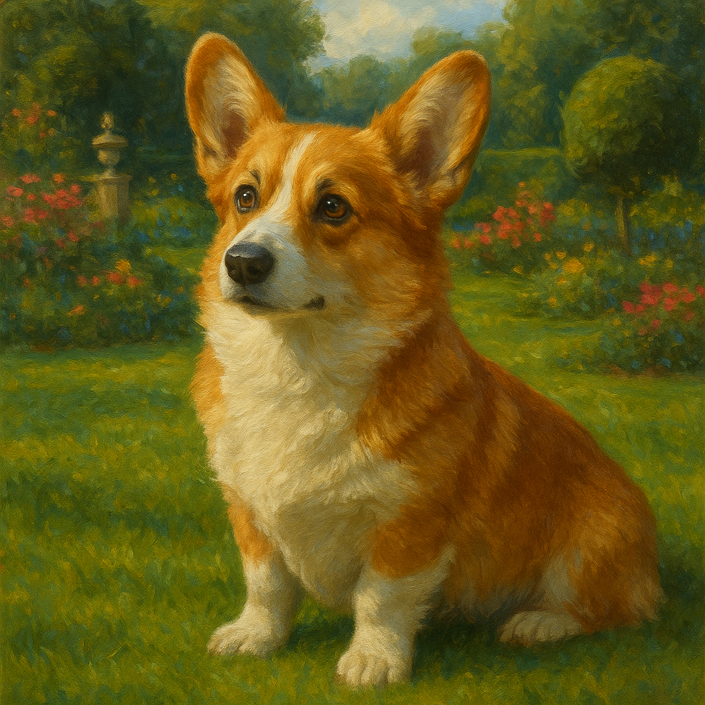 Pembroke Welsh Corgi in Royal English Garden No. 7 Fine Art Oil Painting - View 1