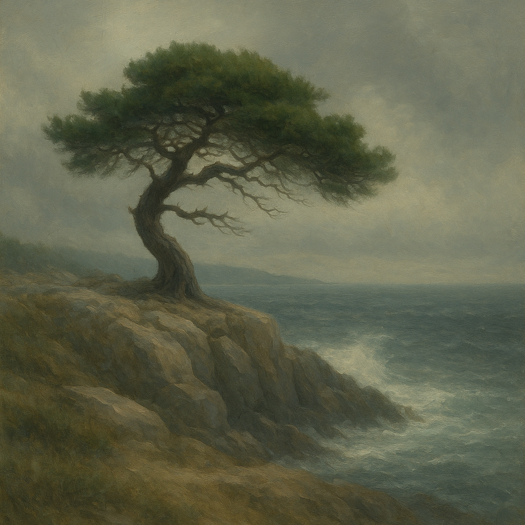Wild Coastal Pine on Stormy Granite Cliff No. 8 Oil Painting - View 1