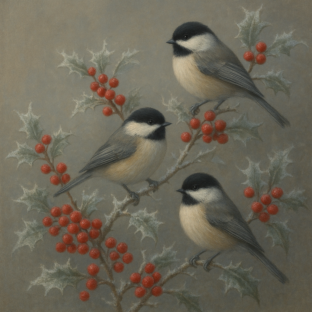 Winter Birds on Frosty Red Berry Branch No. 2 Oil Painting - View 1
