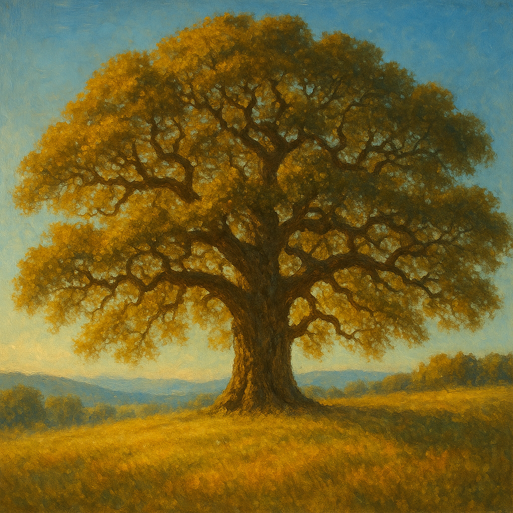 Old Oak Tree on Sunlit Meadow Ridge No. 3 Fine Art Oil Painting - View 1