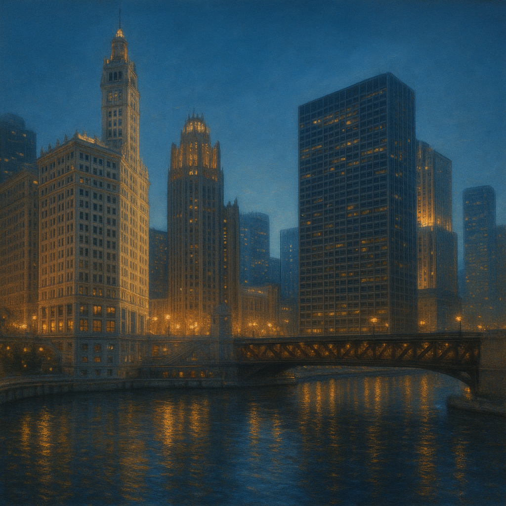 Chicago Riverfront Architecture at Blue Hour No. 9 Oil Painting - View 1