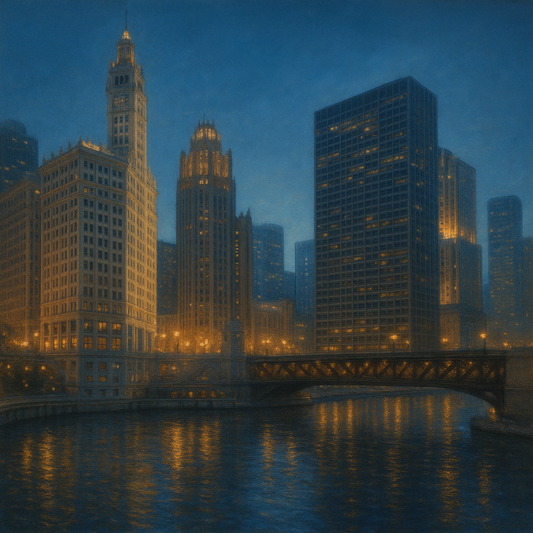 Chicago Riverfront Architecture at Blue Hour No. 9 Oil Painting 100% Hand Painted Oil on Belgian Linen Canvas, Original Fine Art Wall Decor
