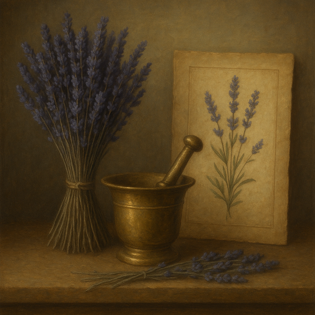 Lavender Herbarium & Mortar Study No. 6 Oil Painting - View 1