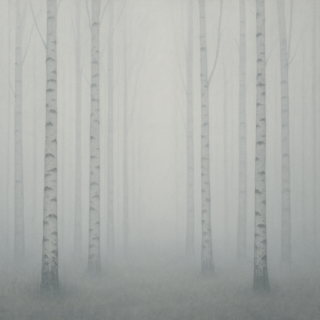 Pale Birch Woodland Silhouette in Whiteout No. 9 Oil Painting - View 1