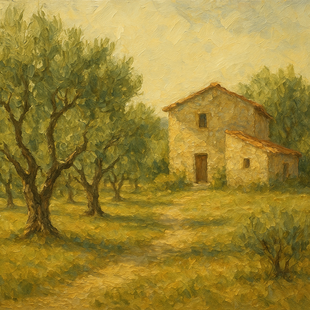 Vintage Olive Grove & Stone Farmhouse Oil Painting - 100% Hand-Painted Master Oil Painting