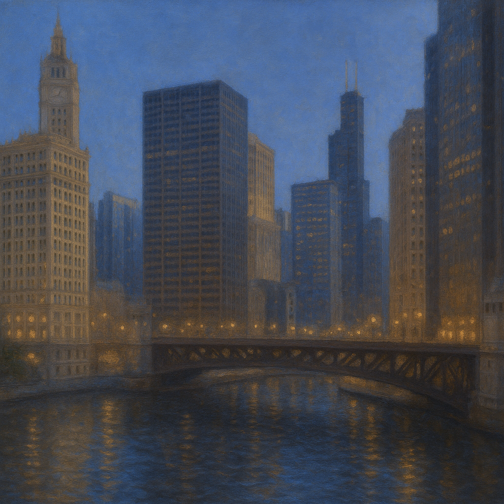 Chicago Riverfront Architecture at Blue Hour No. 21 Oil Painting - View 1