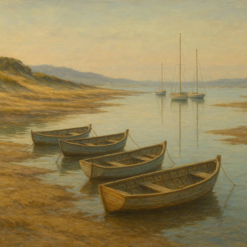 Quiet Fishing Harbor at Morning Low Tide Oil Painting - View 1