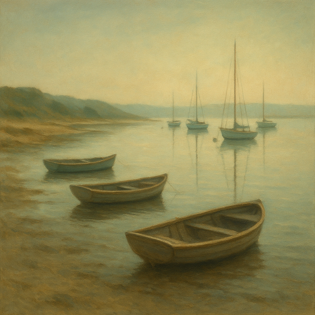 Quiet Fishing Harbor at Morning Low Tide No. 19 Oil Painting - View 1