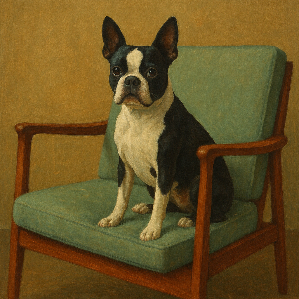 Boston Terrier in Warm Mid-Century Armchair No. 7 Fine Art Oil Painting - View 1