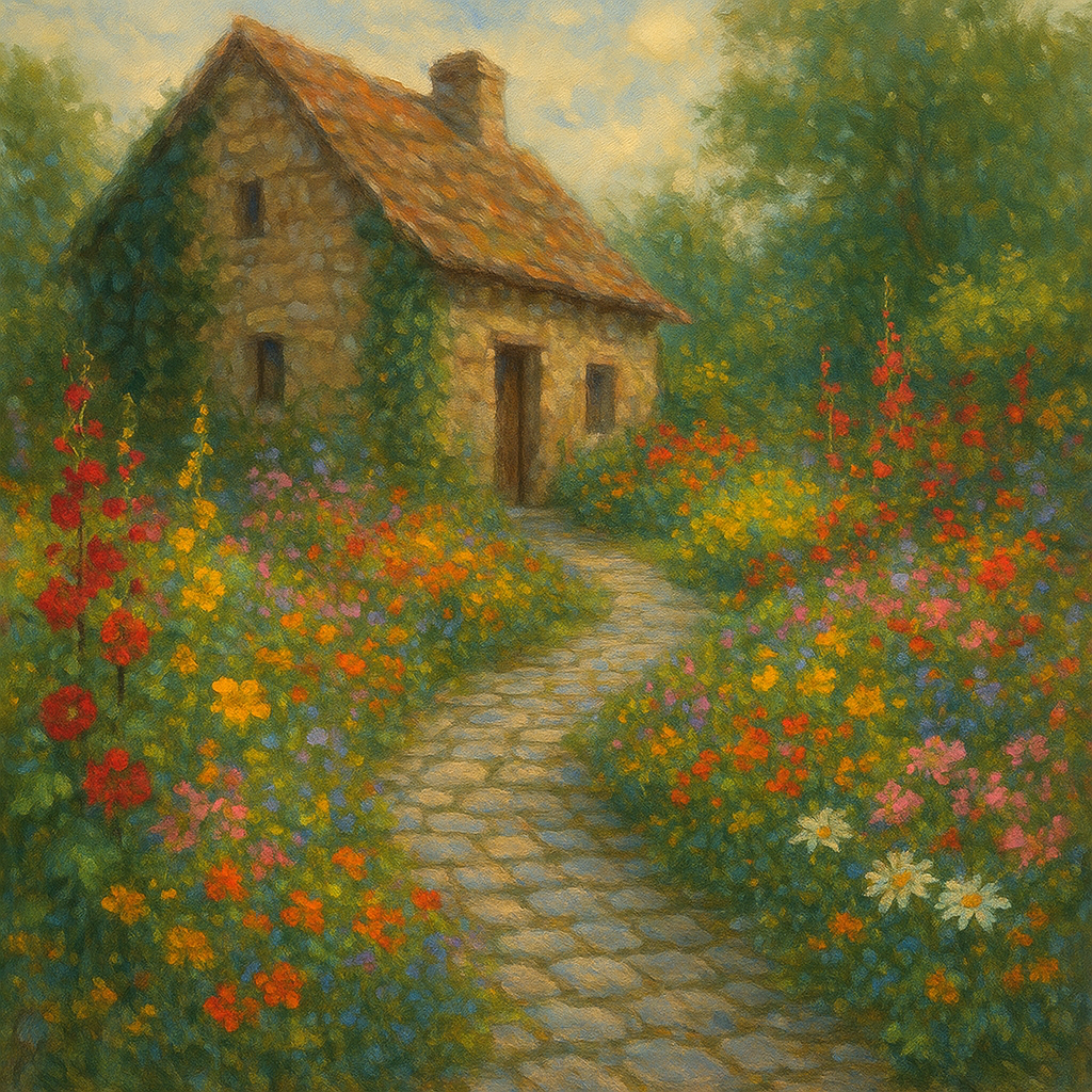 Rustic Stone Cottage Path with Wild Garden Blooms No. 6 Fine Art Oil Painting - View 1