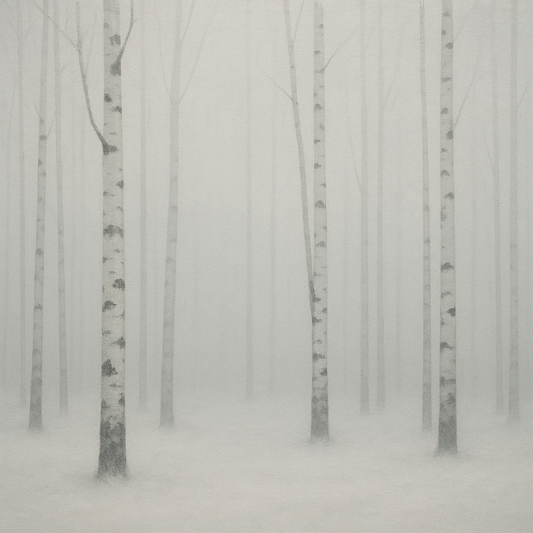 Pale Birch Woodland Silhouette in Whiteout No. 3 Oil Painting 100% Hand Painted Oil on Belgian Linen Canvas, Original Fine Art Wall Decor