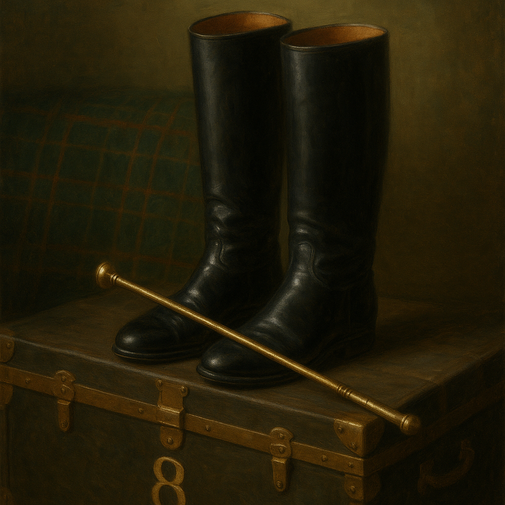 Vintage Riding Boots & Brass Crop on Trunk No. 8 Oil Painting - View 1