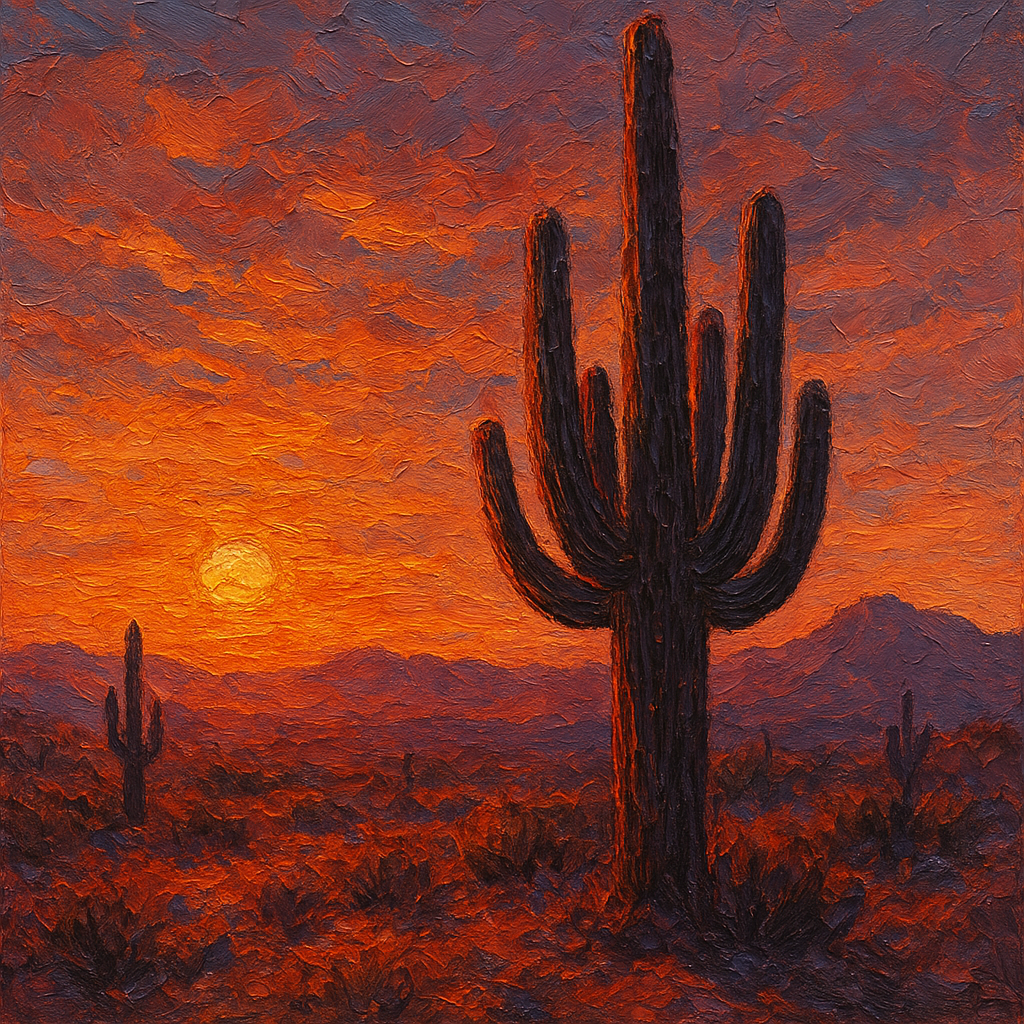 Sonoran Desert Saguaro Sunset Oil Painting - View 1