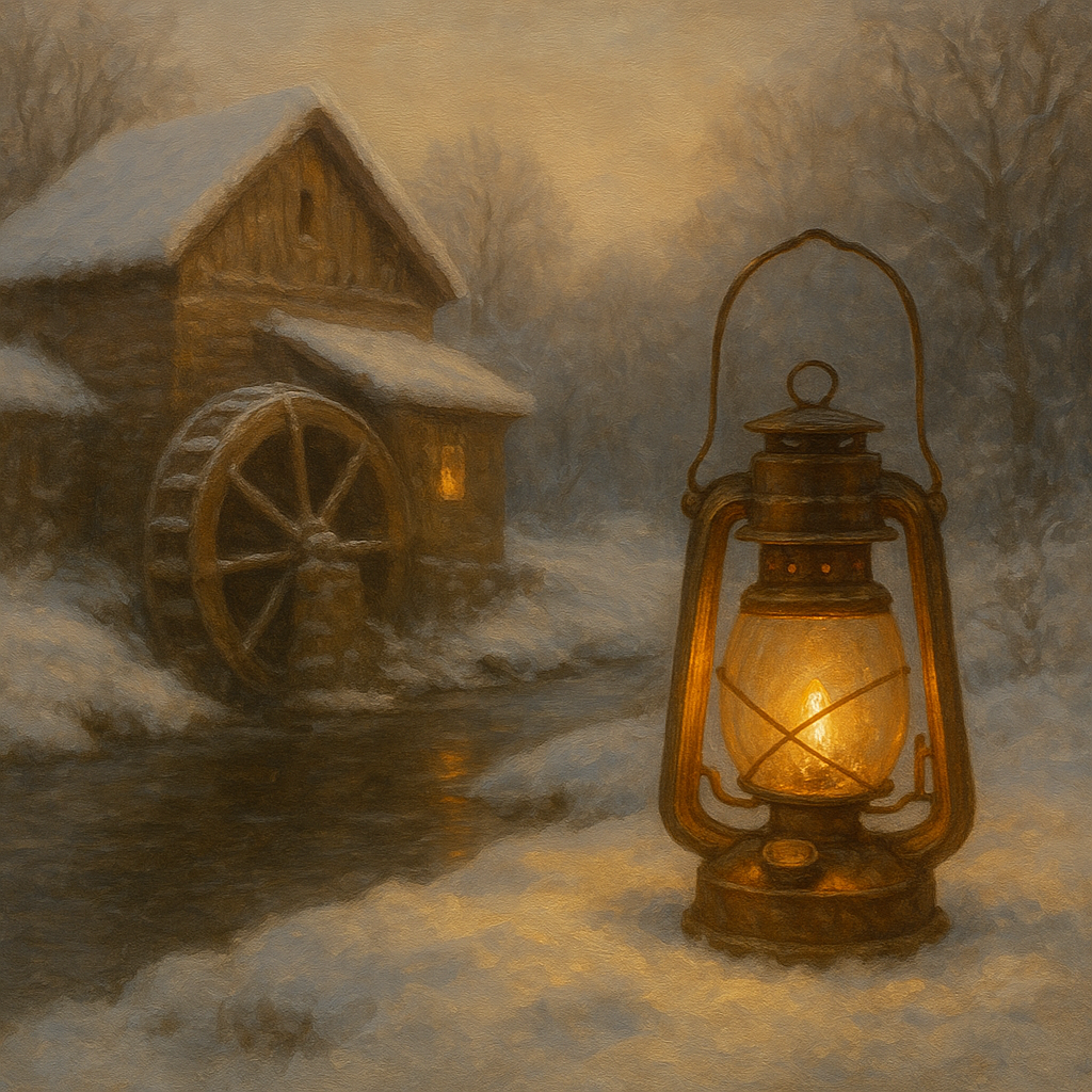 Snowy Mill Stream & Glowing Lantern No. 3 Oil Painting - View 1