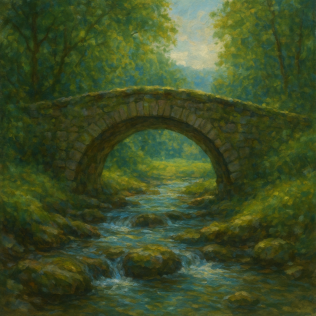 Old Stone Bridge over Bubbling Country Stream No. 6 Fine Art Oil Painting - View 1