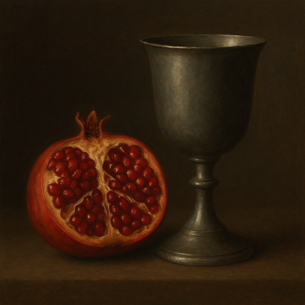 Pomegranate & Vintage Pewter Goblet No. 8 Oil Painting - View 1