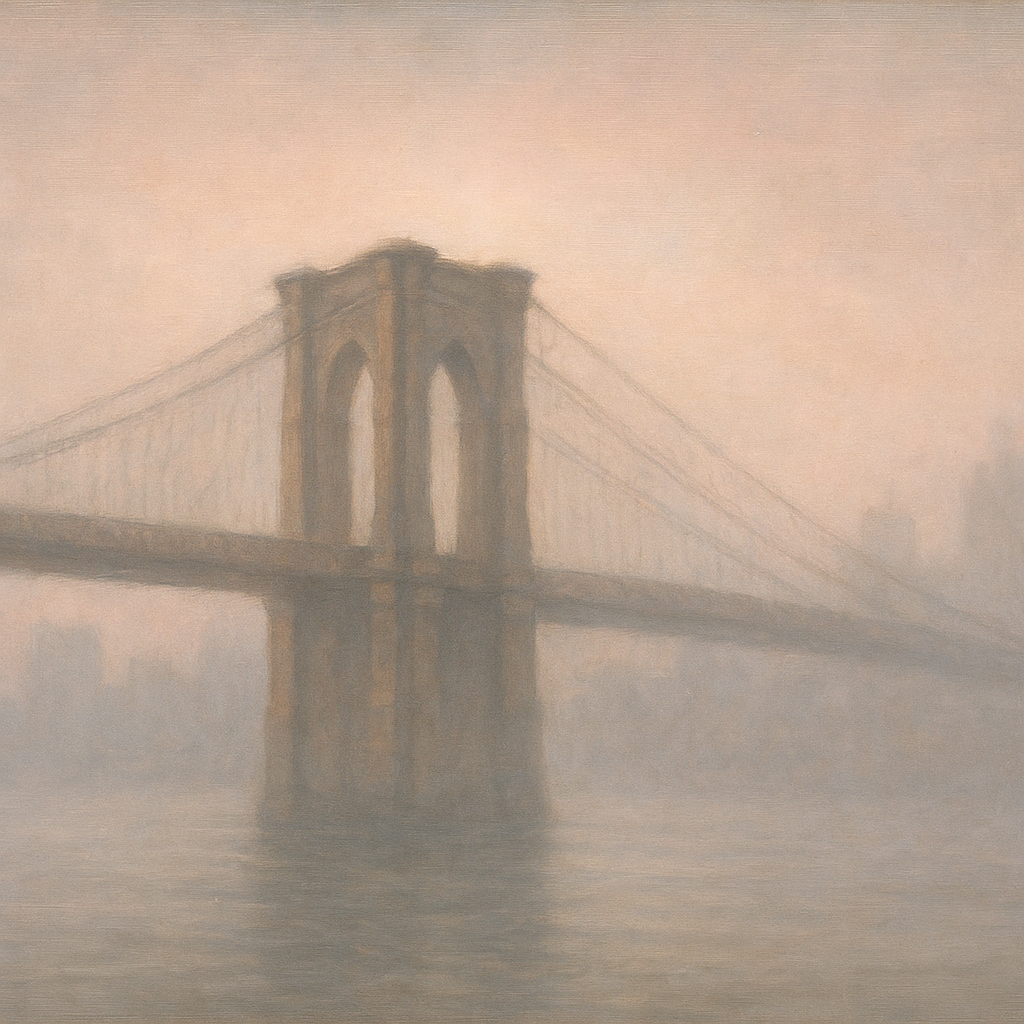 Brooklyn Bridge in Morning River Mist No. 26 Oil Painting 100% Hand Painted Oil on Belgian Linen Canvas, Original Fine Art Wall Decor
