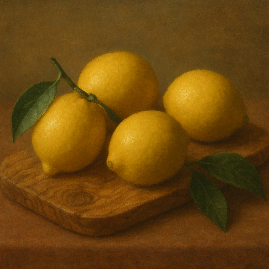 Meyer Lemons on Olive Wood Board No. 3 Oil Painting 100% Hand Painted Oil on Belgian Linen Canvas, Original Fine Art Wall Decor